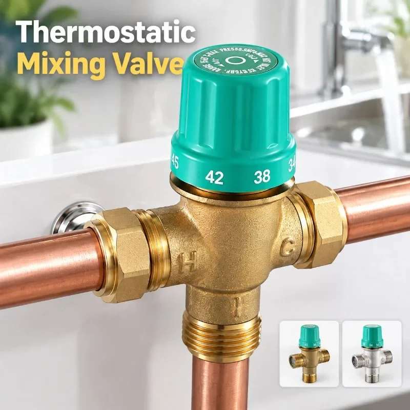 Brass Thermostatic Mixing Valve Exposed Mount Hot Cold Water Regulator Small Water Heater Three-way Pipeline Temperature
