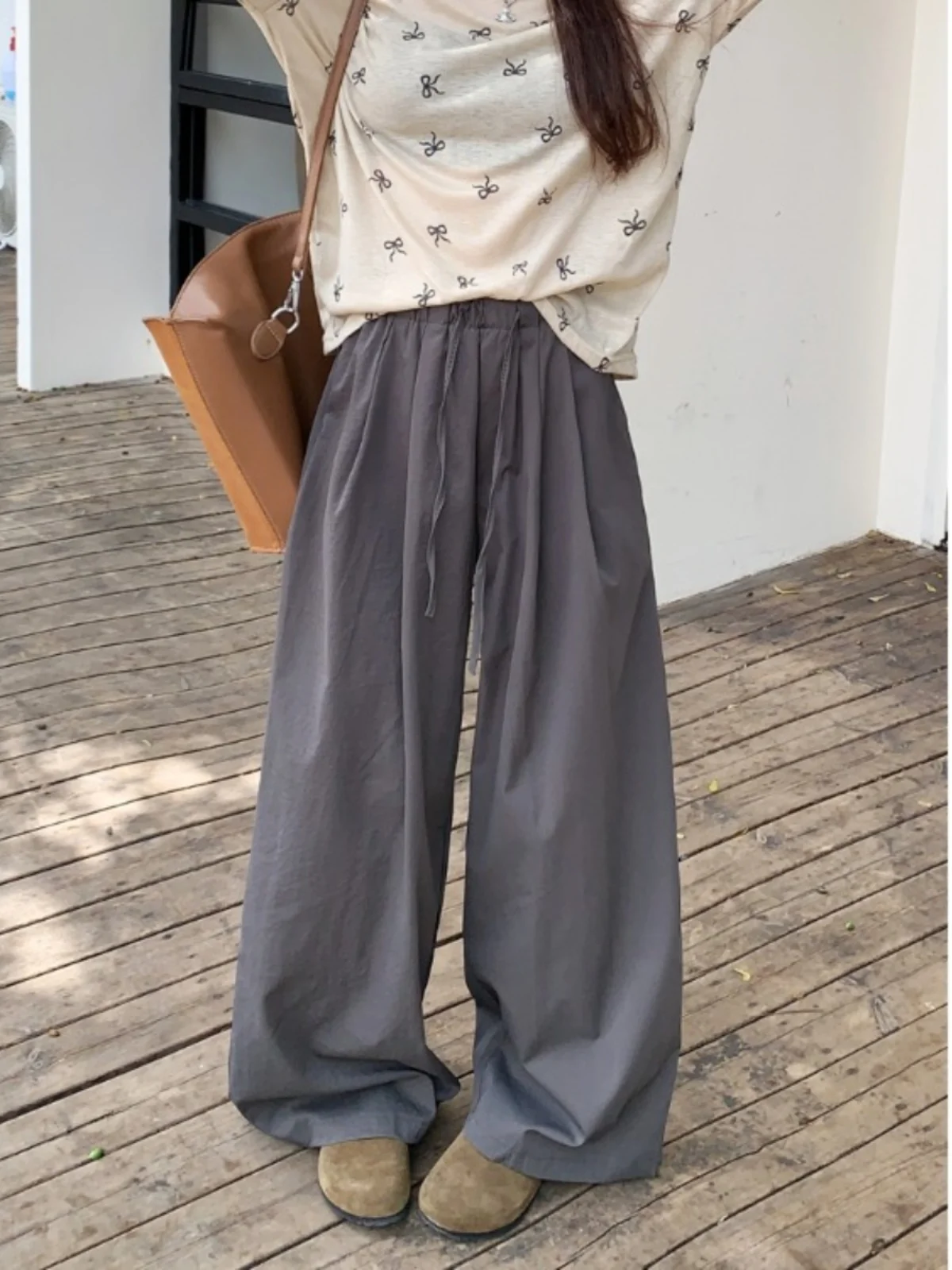 Wijde pijpen broek Vintage dames print Effen kleuren Dames zomer satijnen split Lichtgewicht trekkoorden Zoet zacht verstelbaar buiten