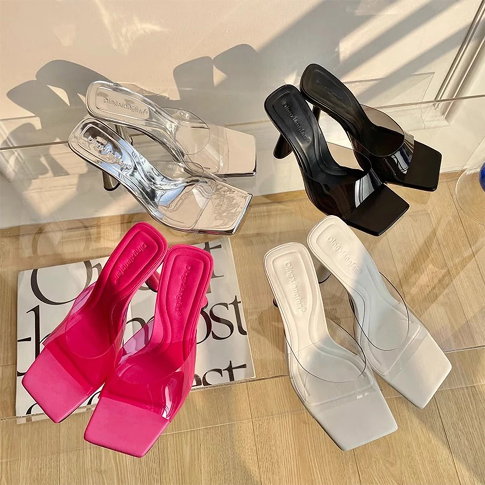 Women Sandals Dress Shoes Transparent Strap Sexy Stilettos Heels Square Open Toe One Band Slip-On High Heeled Slippers Pump Mule