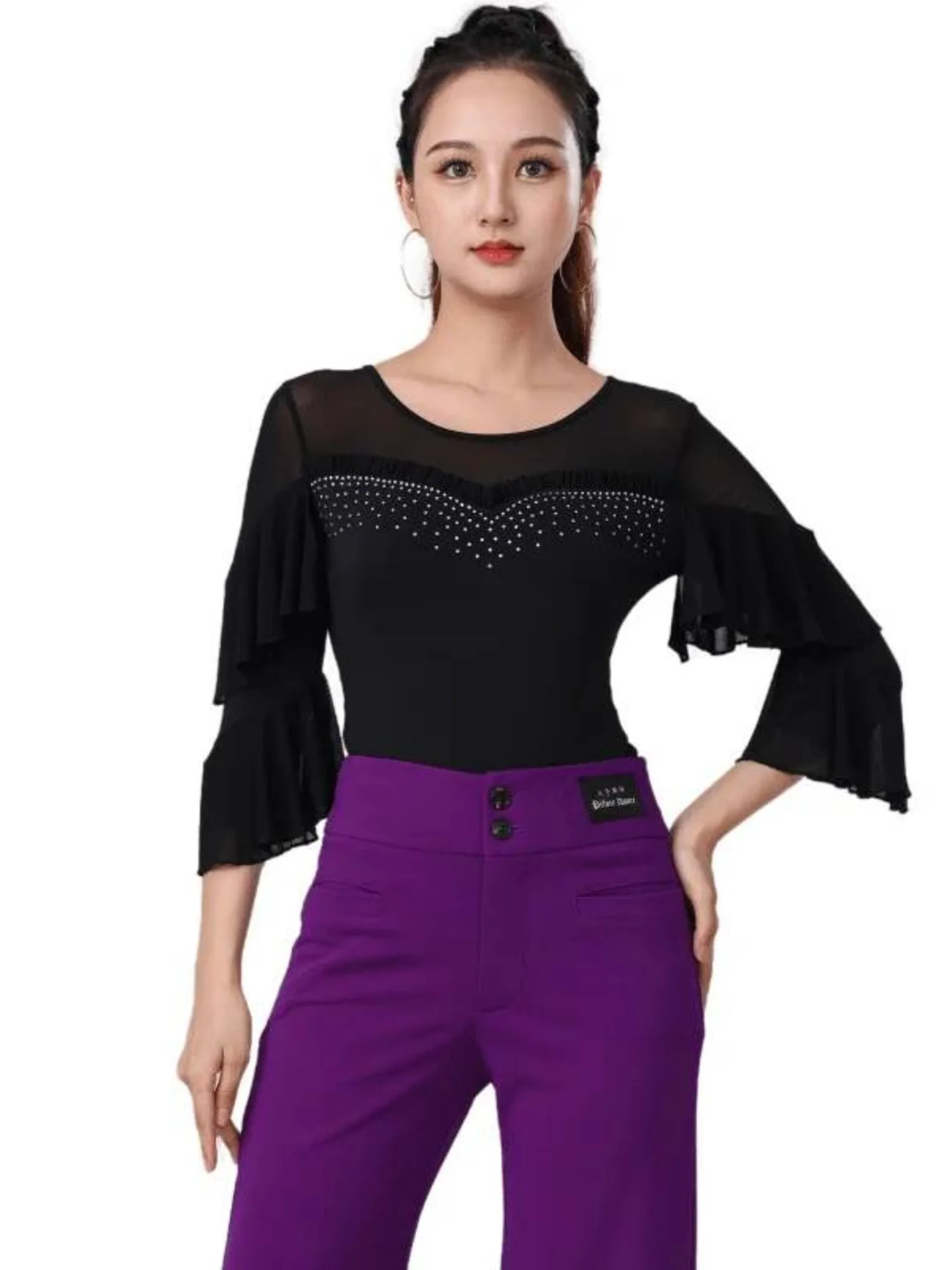 Top de malha transparente com retalhos e mangas de strass com babados, elegante, salão de baile, dança moderna, traje de performance de palco