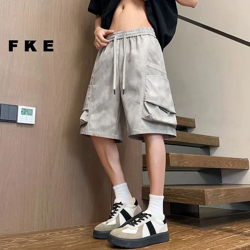 

Спецодежда из ледяного шелка, мужские летние повседневные спортивные брюки в американском стиле, окрашенные пять четвертей, модные брендовые молодежные тихосохнущие прямые брюки