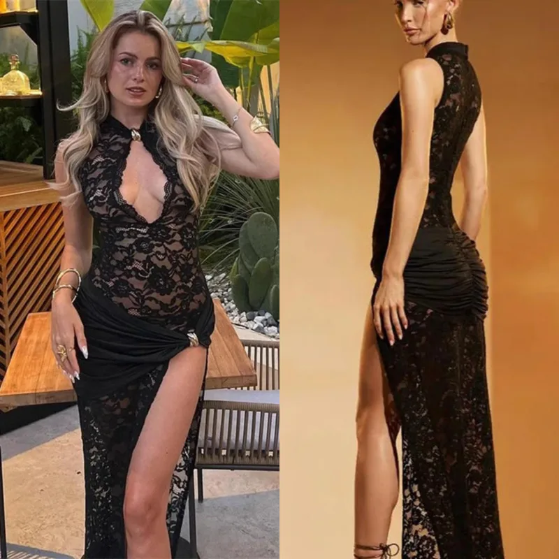 

Ins Black Transparent Slim Fit Dress Sexy Hollow Lace High Slit Sleeveless Dress Fashion Metal Decorative Pleated Women's Dress