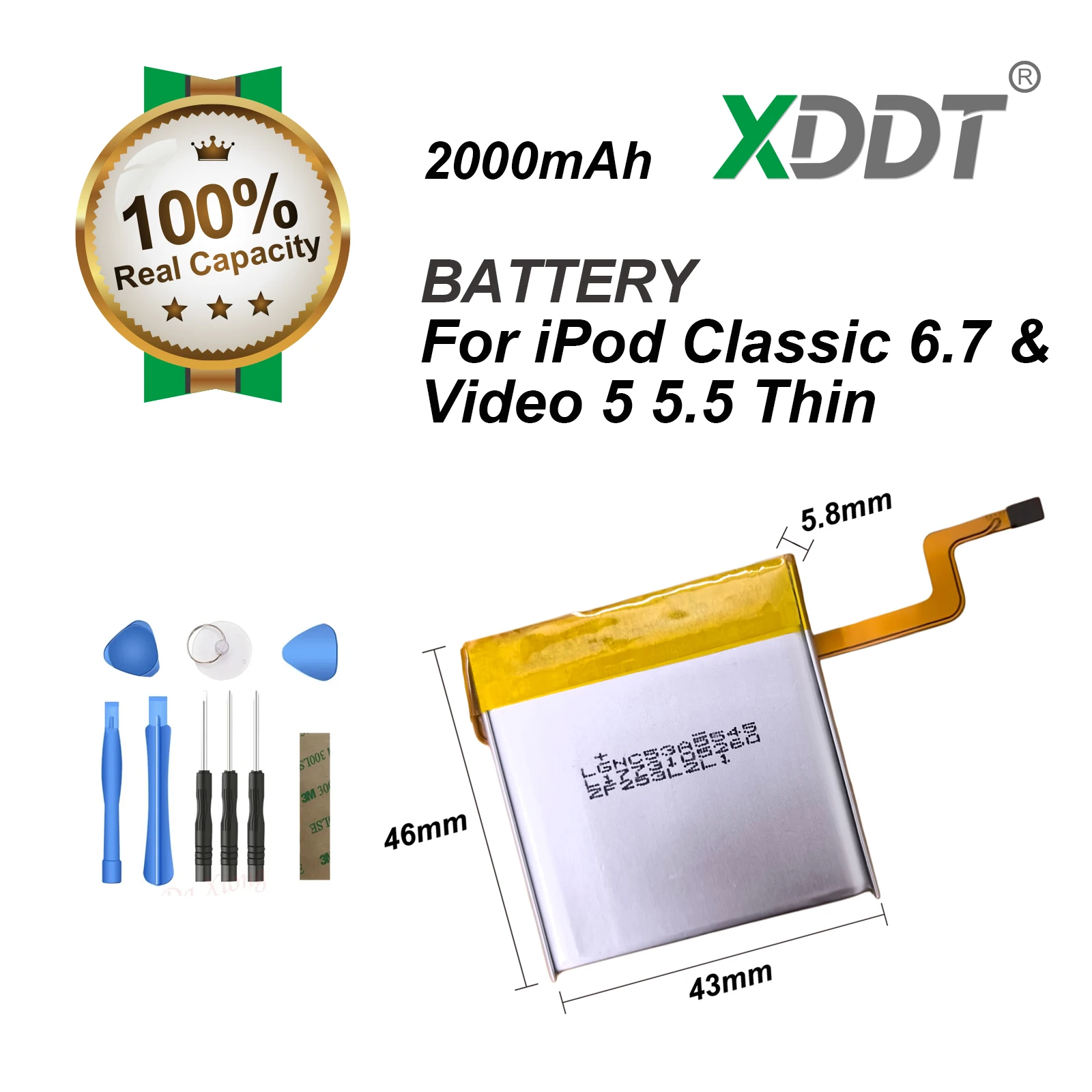 XDDT 2000mAh Square Battery Upgrade SSD Replacement for iPod Classic 6.7&Video 5 5.5 Thin