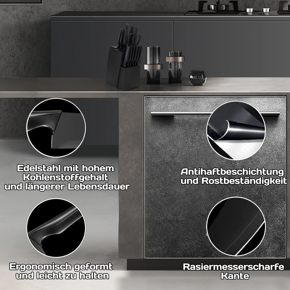 14-teiliges schwarzes Antihaft-Küchenmesserset aus hochwertigem Kohlenstoffstahl mit Kochmesser, Brotmesser, Allzweckmesser, Schälmesser, Messerblock und integriertem Messerschärfer sowie Küchenschere – Detail 9