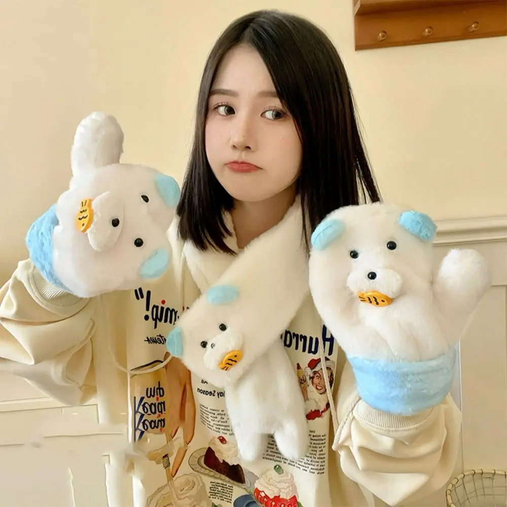 Finger Gloves Bear Earmuff Scarf Eat Fish Hanging Rope Winter Plush Earflap Windproof Thickened Plush Scarf Glove Set Skiing