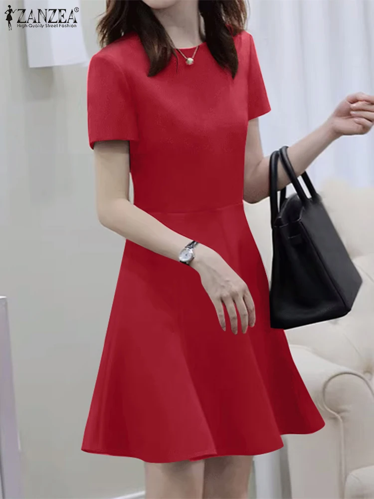 

Элегантный женский модный Однотонный сарафан-трапеция до колена ZANZEA 2024, повседневное рабочее платье с круглым вырезом и коротким рукавом