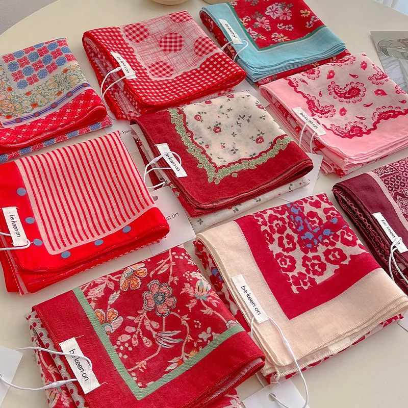 Red Cotton Linen Small Square Scarf for Women Summer Sun Protection Breathable Lightweight Headband Bandana