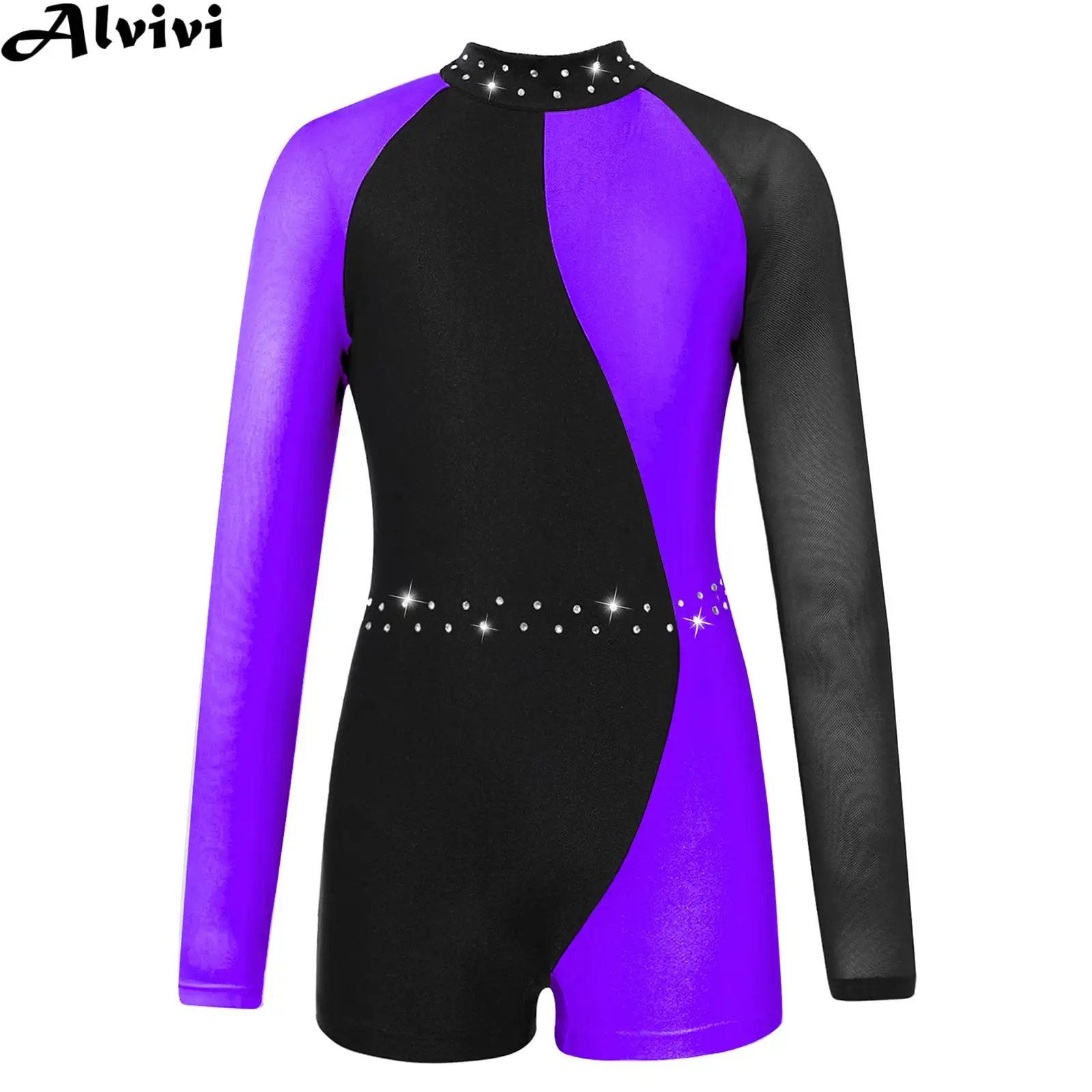 Kids Girls Sheer Mesh Long Sleeve Rhinestones Ballet Dance Leotard Gymnastics Figure Skating Acrobatics Yoga Sports Bodysuit