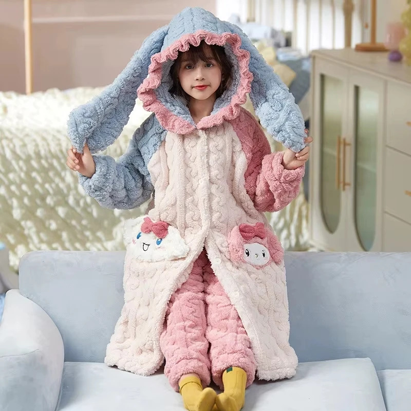 2Pcs Winter Kuromi Cinnamoroll Kawaii Parent-Child Plush Pajamas Robe Pants Anime Sanrio Girls Long-Style Warm Hooded Home Wear