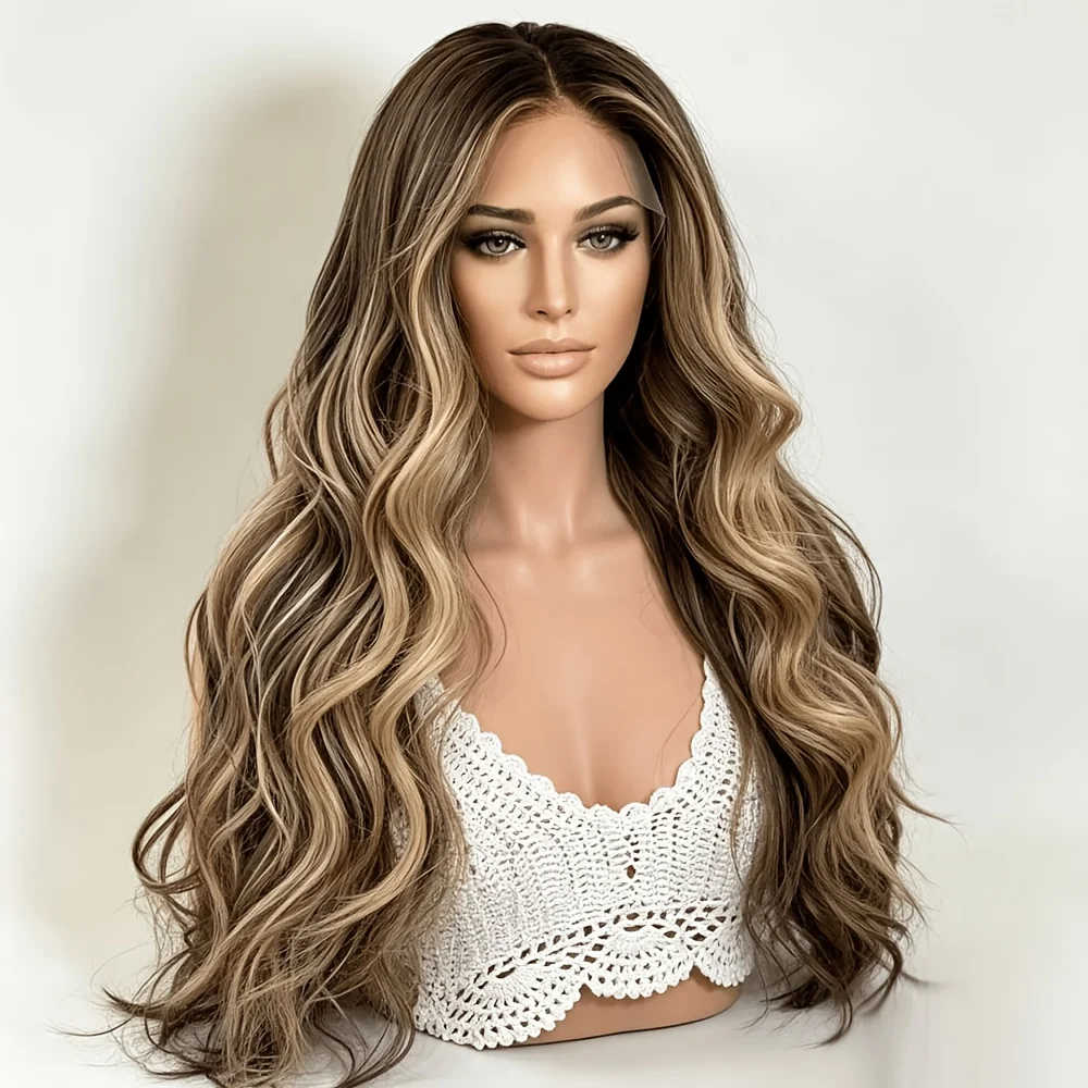 Soft Glueless Wave Long 24inch Ombre Highlight Blond 180 Density HD lace front wig for women's Heat Resistant Preplucked Daily