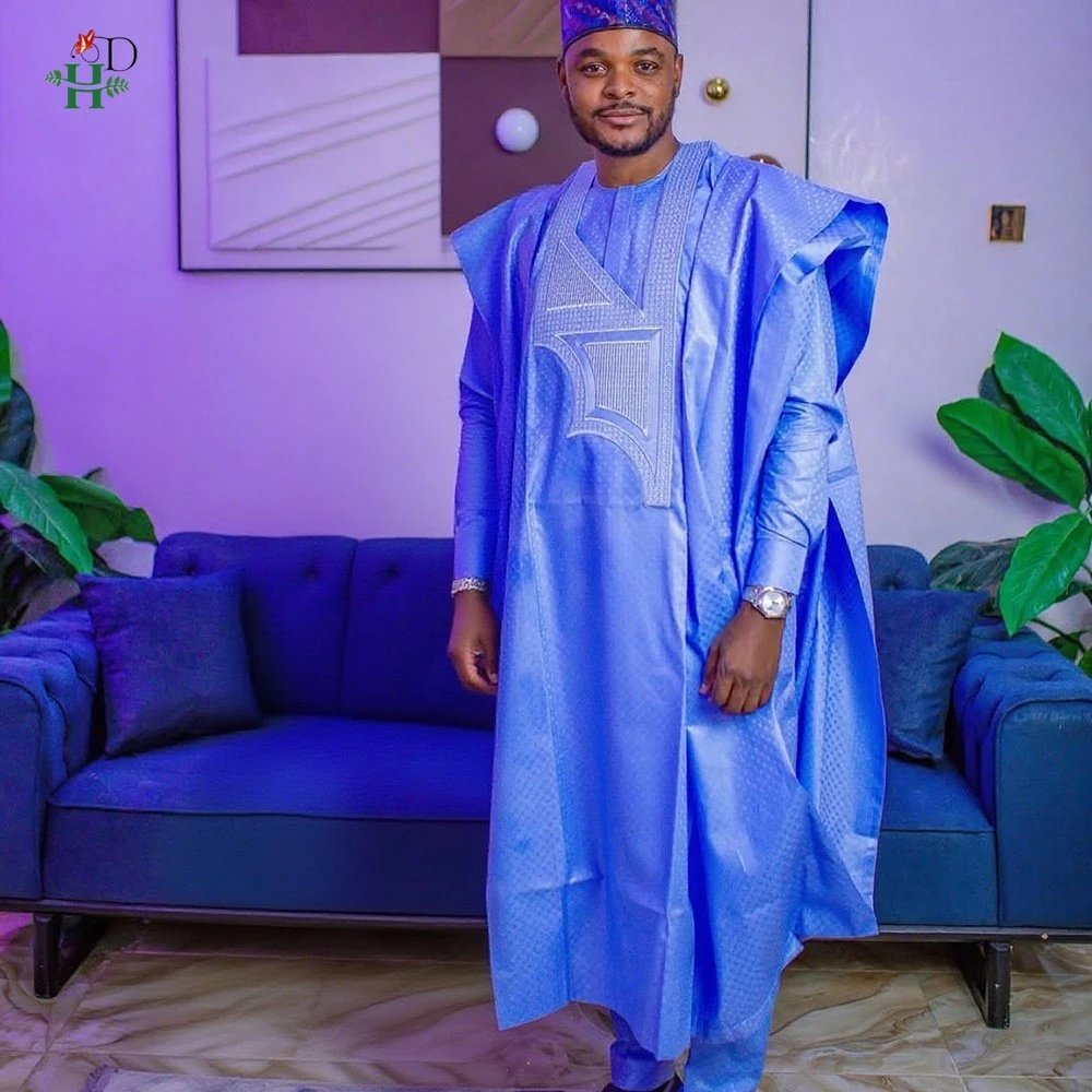 

H&D африканская одежда с вышивкой, синее платье больших размеров для мужчин, элегантное вечернее свадебное платье, комплект из 3 предметов, топ и брюки, костюмы, повседневная одежда