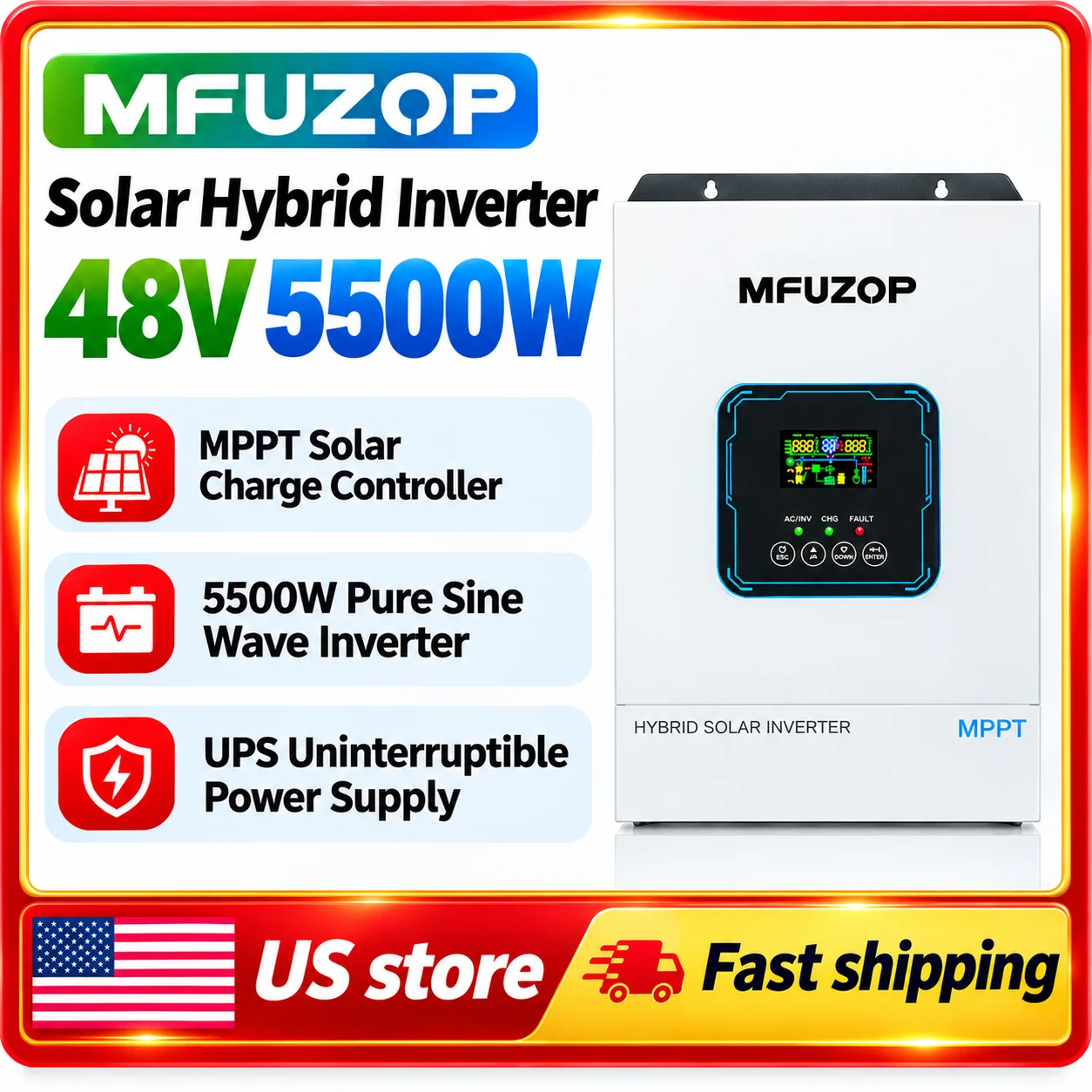 MFUZOP 48V5500W Hybrid Solar Inverter,48V DC to 110/120V AC,Pure Sine Wave Inversor Built in 100A MPPT Charger,Max. PV Input 8500W 500Vdc, Off Grid Inverter, for Lead Acid/LiFePO4,Home Backup US store