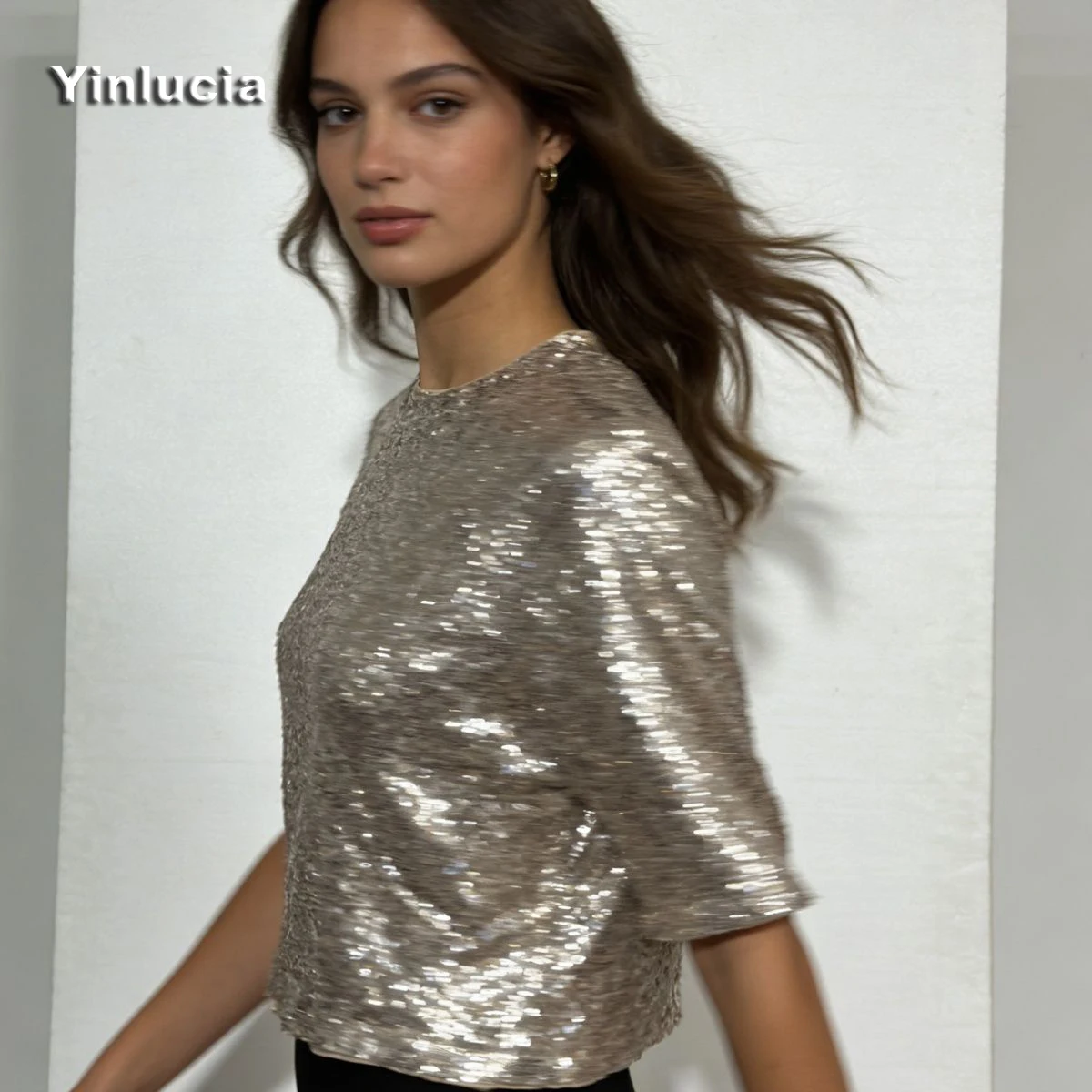 Full Sequin Shiny Tee Sexy Short Navel Tops Half Sleeve Women Blouses Party Focus Hot Babes Loose Pullover Y2K Street Wear New view 5