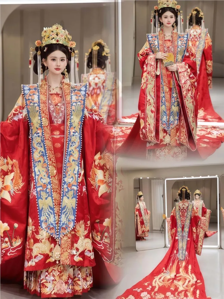 Hanfu wedding dress Chinese-style for brides phoenix crown red cape and toasting