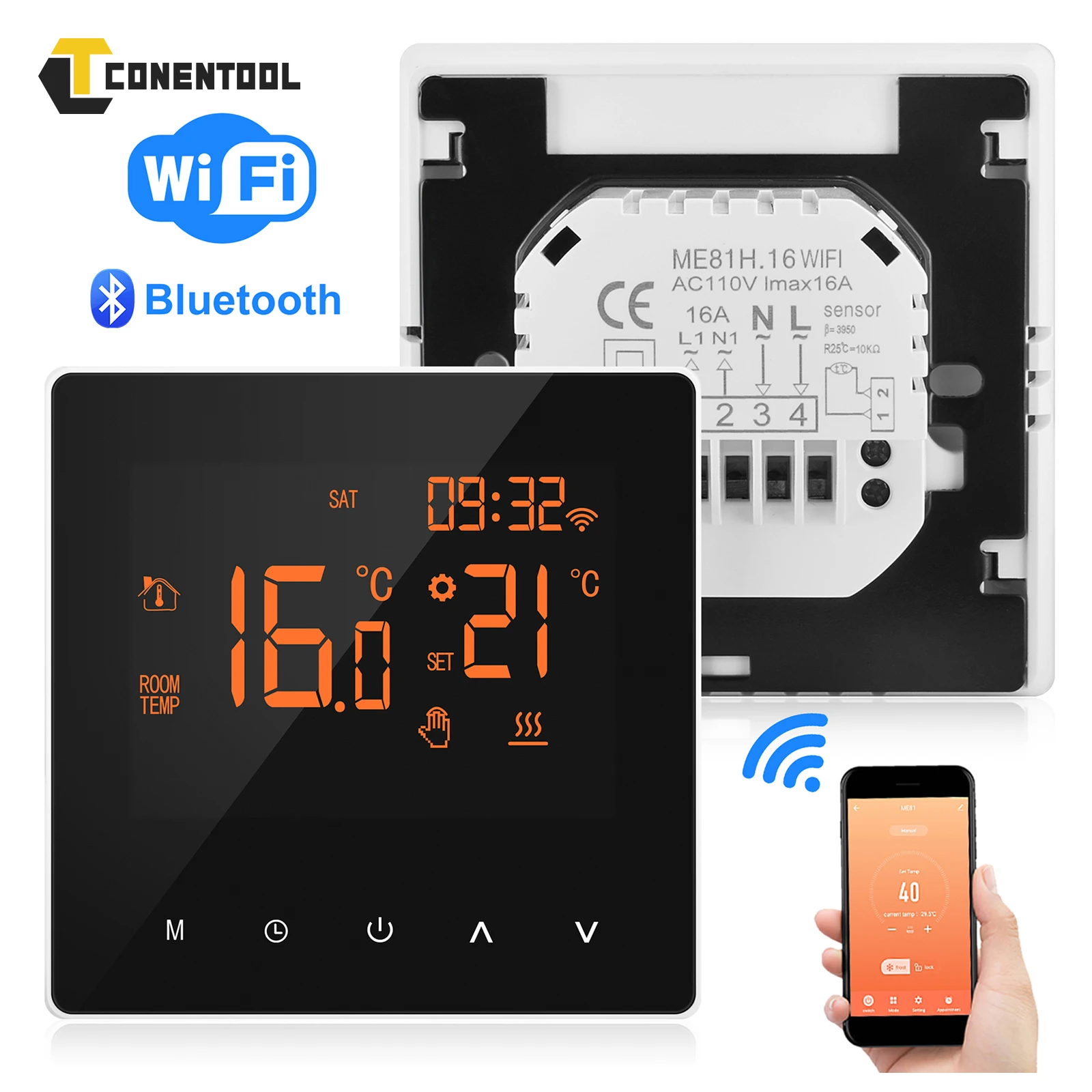 CONENTOOL 230V Smart Thermostat Smart Home WiFi Heizung Digital Controller Fußbodenheizung System Touchscreen ±1 ℃   Thermostat 16A
