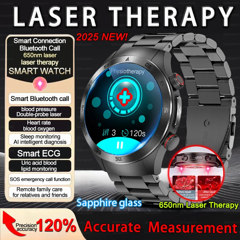 2025 New HOT Accurate Health Tracker Uric Acid Body Fat Smart watch laser Therapy Watches Bluetooth Call ECG+PPG Smart Watch Man