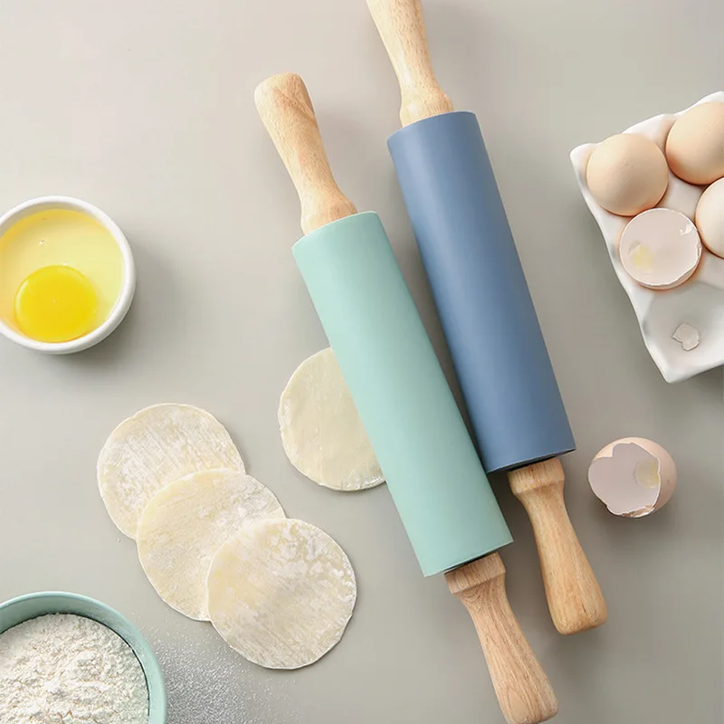 

Rolling Pin Kitchen Baking DIY Tool Silicone Health Material Wooden Handle Baking Tools Cakes Accessories Save Effort Washable