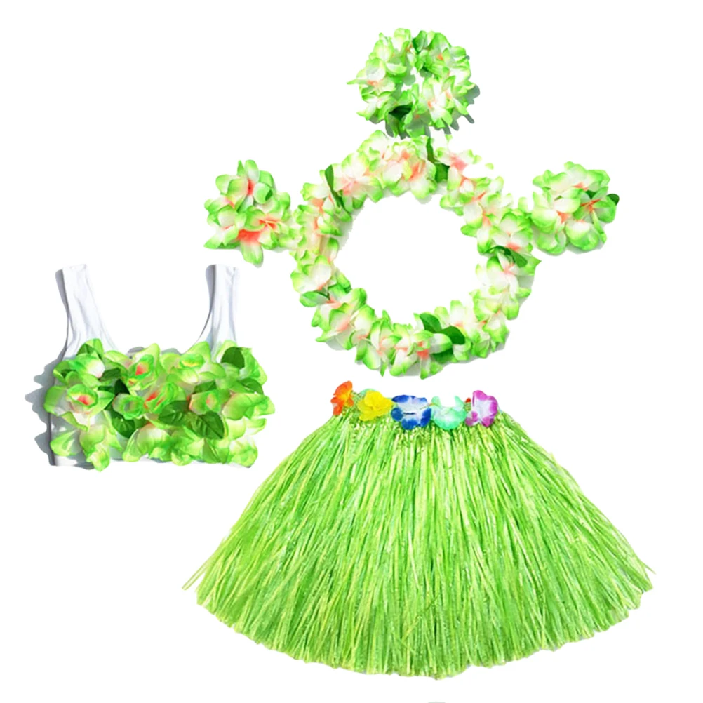 

6pcs Hawaii Grass Skirt Set Kids Flower Necklace Wristband Headband Floral Bra Costume Accessories for Tropical Party