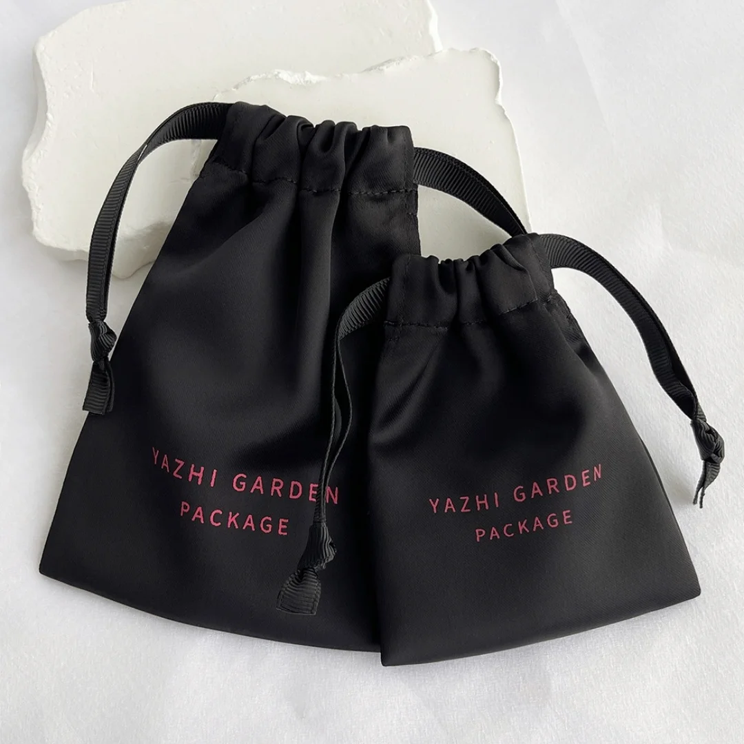 Luxury Soft Fabric Dense black Silk Satin Drawstring Bag Cosmetic Hair Wig High End Jewelry Packaging Pouch