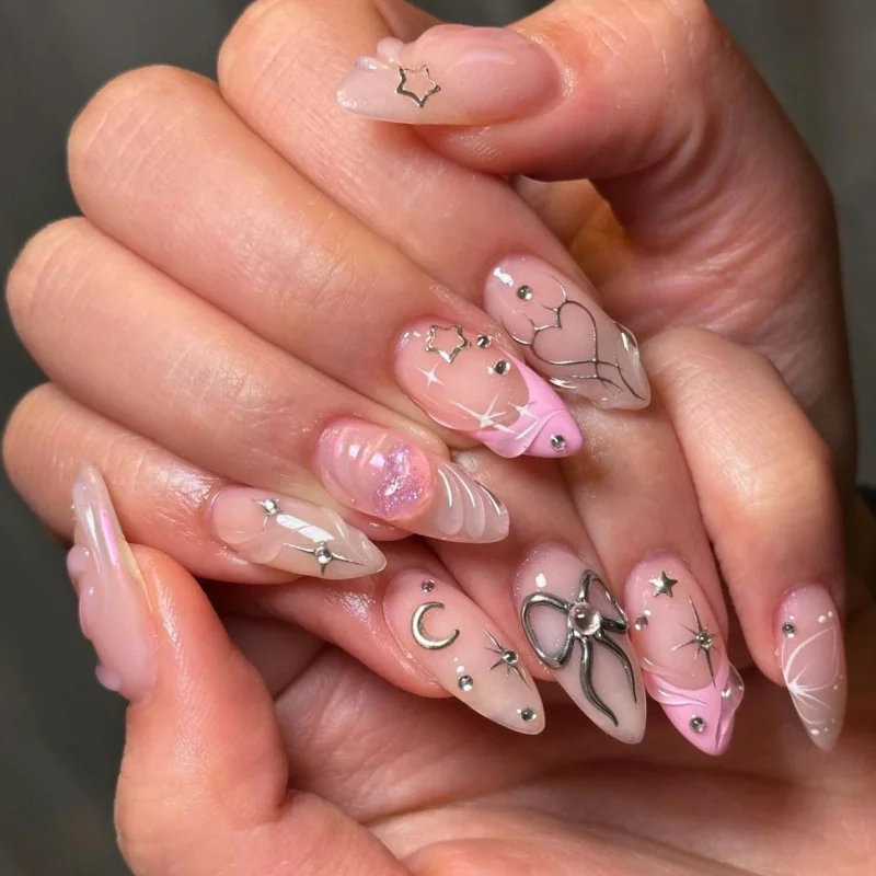 24pcs French Fake Nails Finished Almond Nails Sets with Golden Bow Design False Nail Art Simple Datachable Press on Nails Tips
