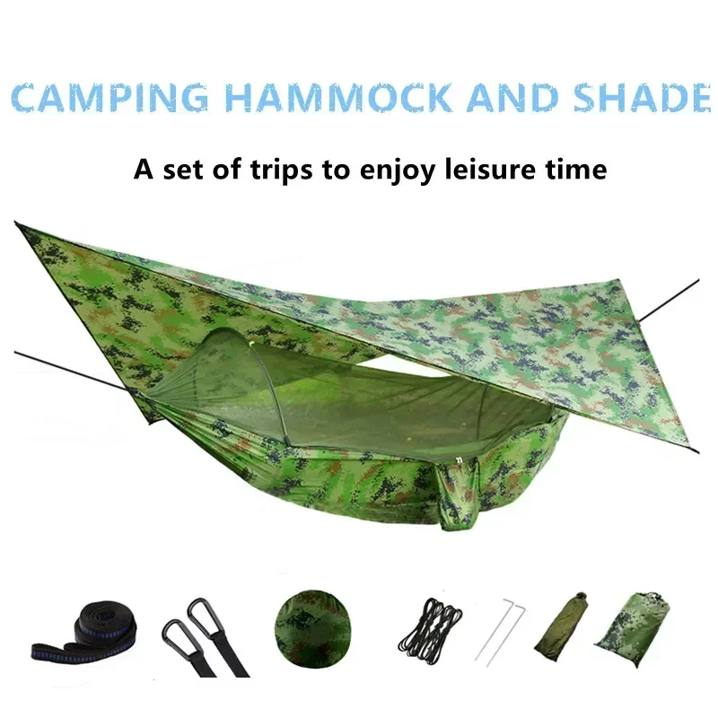 Pop-UpแบบพกพาCamping Hammockพร้อมมุ้งกันยุงและSun Shelter,ร่มชูชีพSwingเปลญวนRain Fly Hammock Canopy Camping Stuff