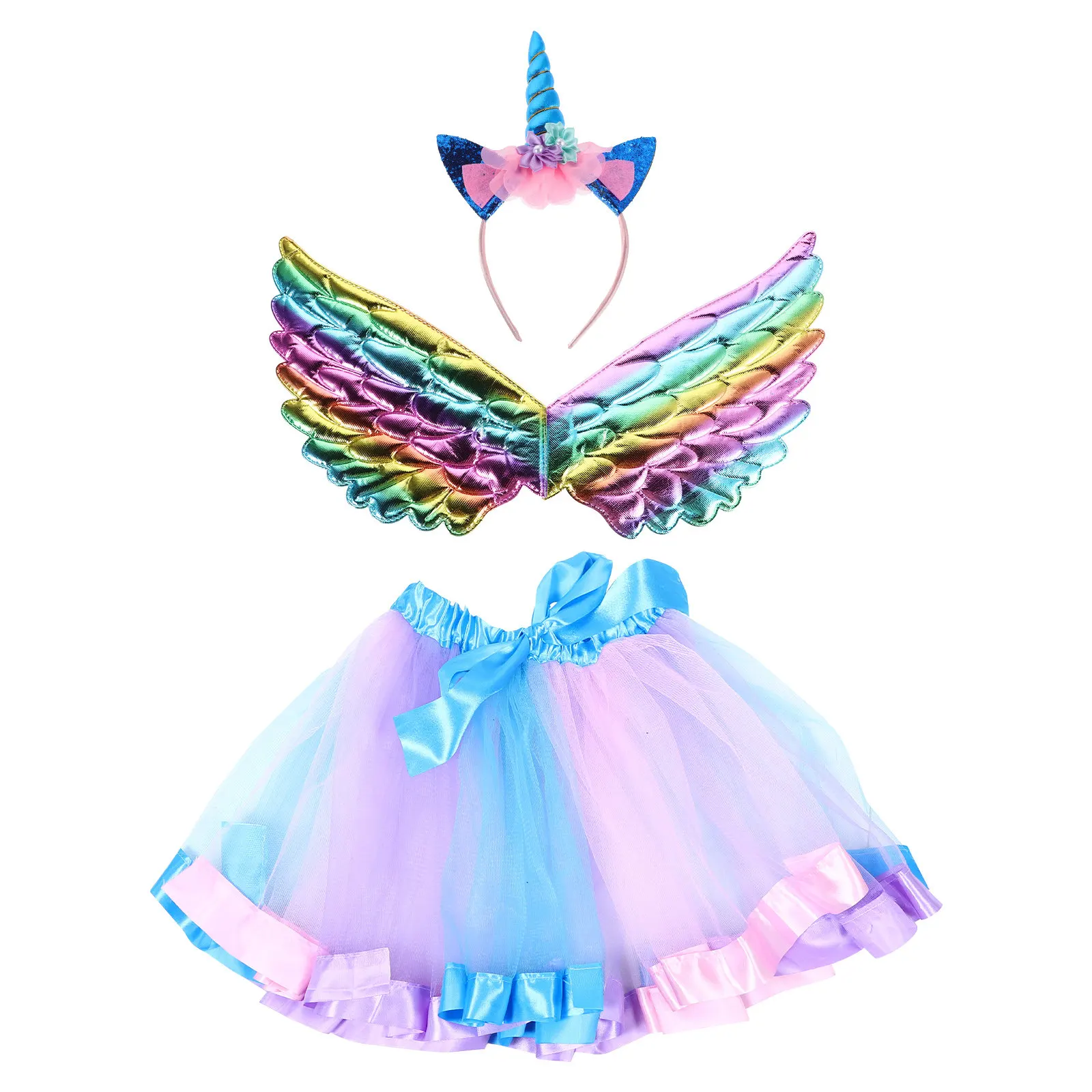 Unicorn Costume Girl Birthday Tutu Dress Including Wings Headband for Photography Party Halloween Cosplay Outfit
