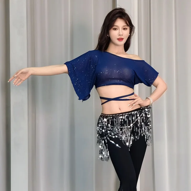 Customized Belly Dance Costume Top 2025 New Sexy Mesh Short Sleeved Workout Suit Eastern Dance Top for Women
