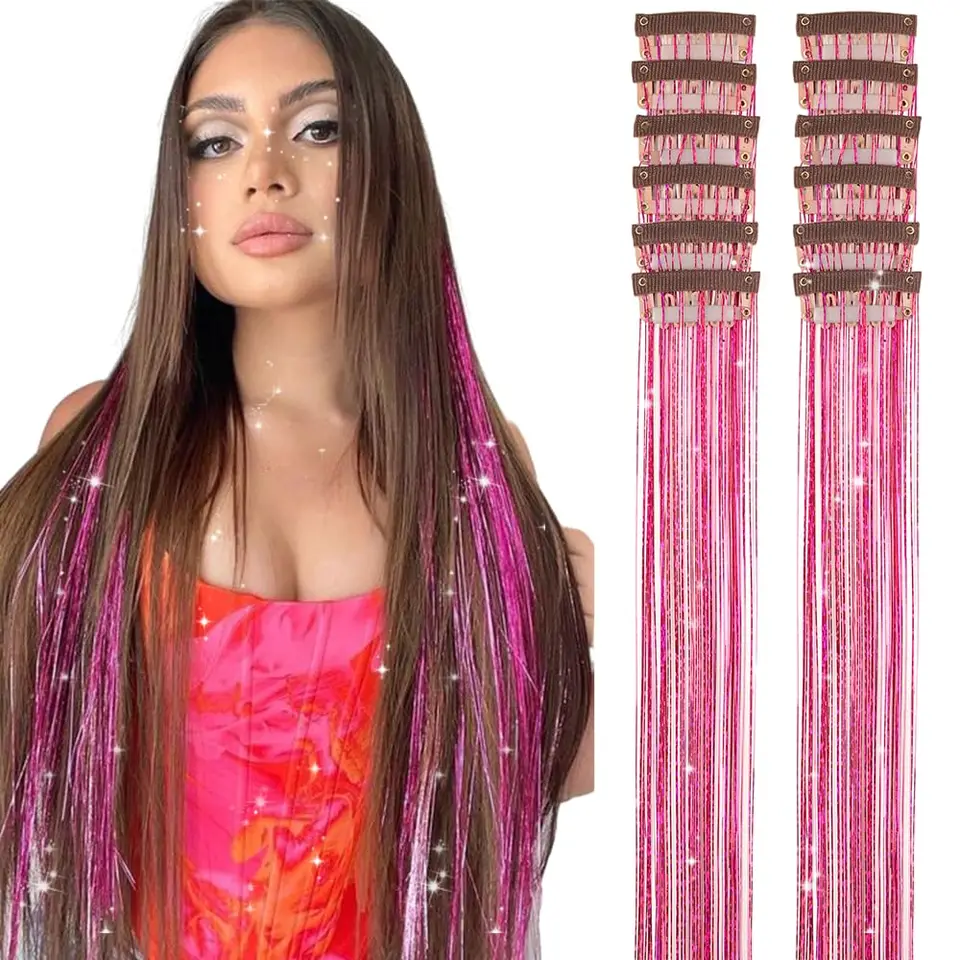 6 Piezas 50cm Brillante Tinsel para Cabello Extensiones Tinsel Sintético Clip Extensiones para Mujeres para Trenzas Tocados 2