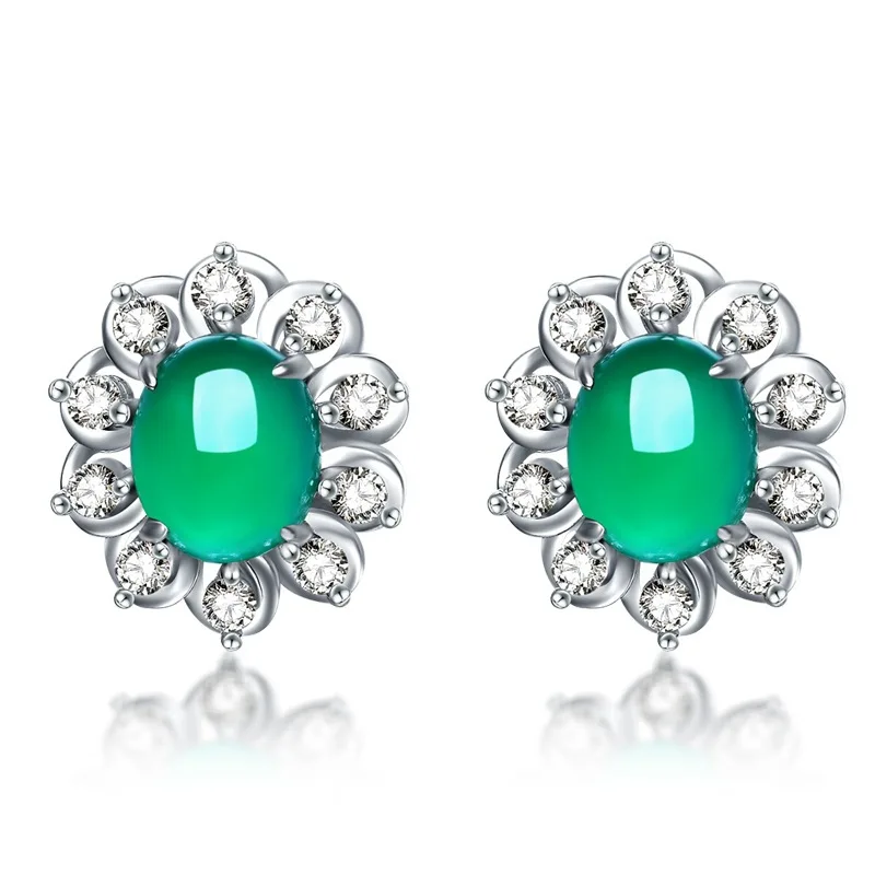 Korean version classic luxurious versatile micro-set zirconia simple green chalcedony 925 silver ear stud jewelry