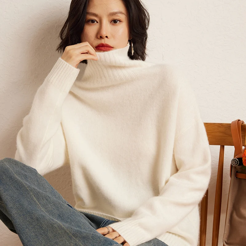 High Collar Winter Loose Women Sweaters 100% Goat Cashmere Knitted Leisure Pullovers Hot Sale Ladies Jumpers Clothes 2024 Autumn