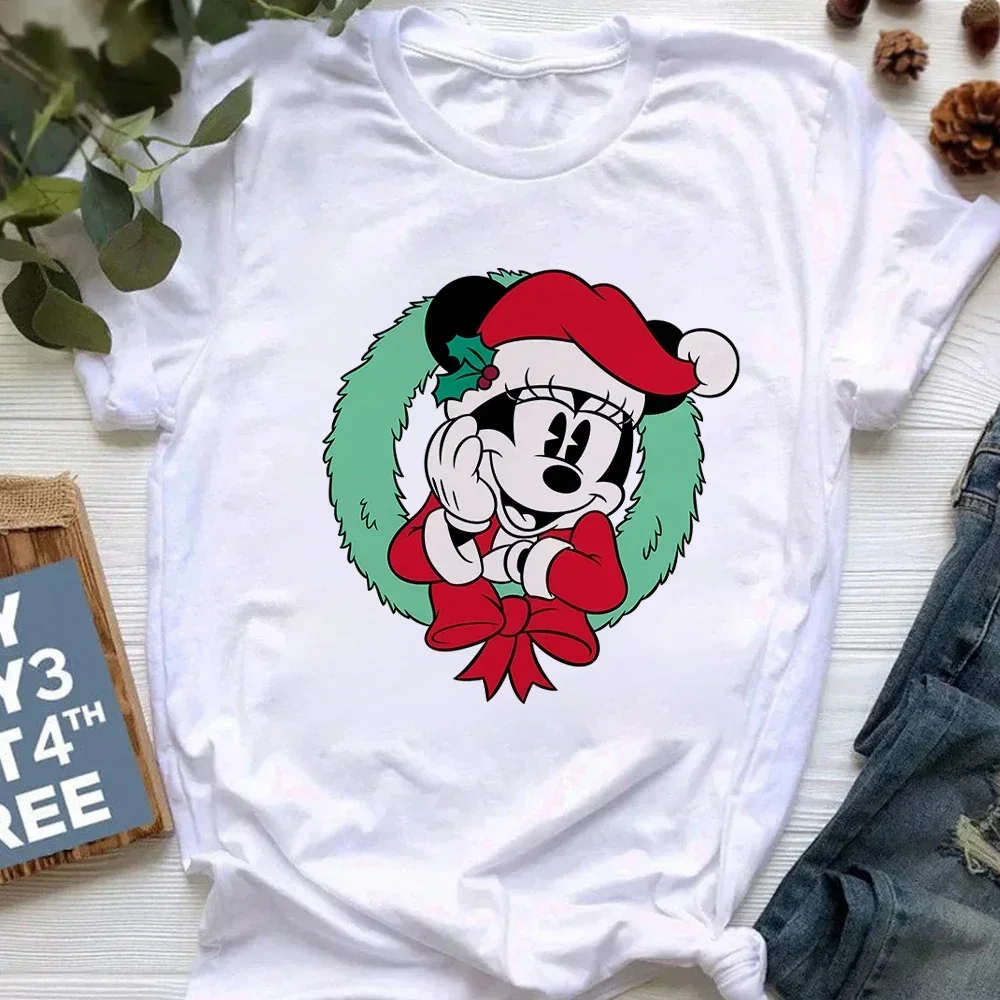 2024 Merry Christmas T Shirt for Women Harajuku Aesthetic Mickey Print Clothing White Tops Fashion Short Sleeve T-shirt Female