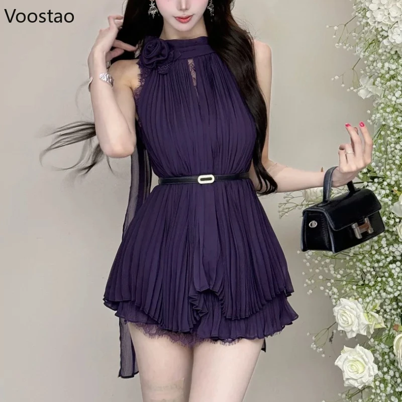 

French Style Elegant Women 2 Piece Set Sexy Sleeveless Halter Neck Slim Tops Mini Skirts Suit Korean Lady Fashion Sweet Outfits