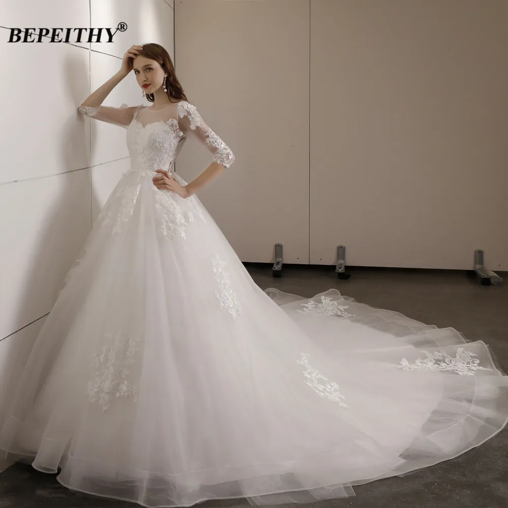 BEPEITHY Customized Vestidos De Novia Plus Size Half Sleeves Princess Wedding Dress For Women Lace Court Train New Bridal Gowns