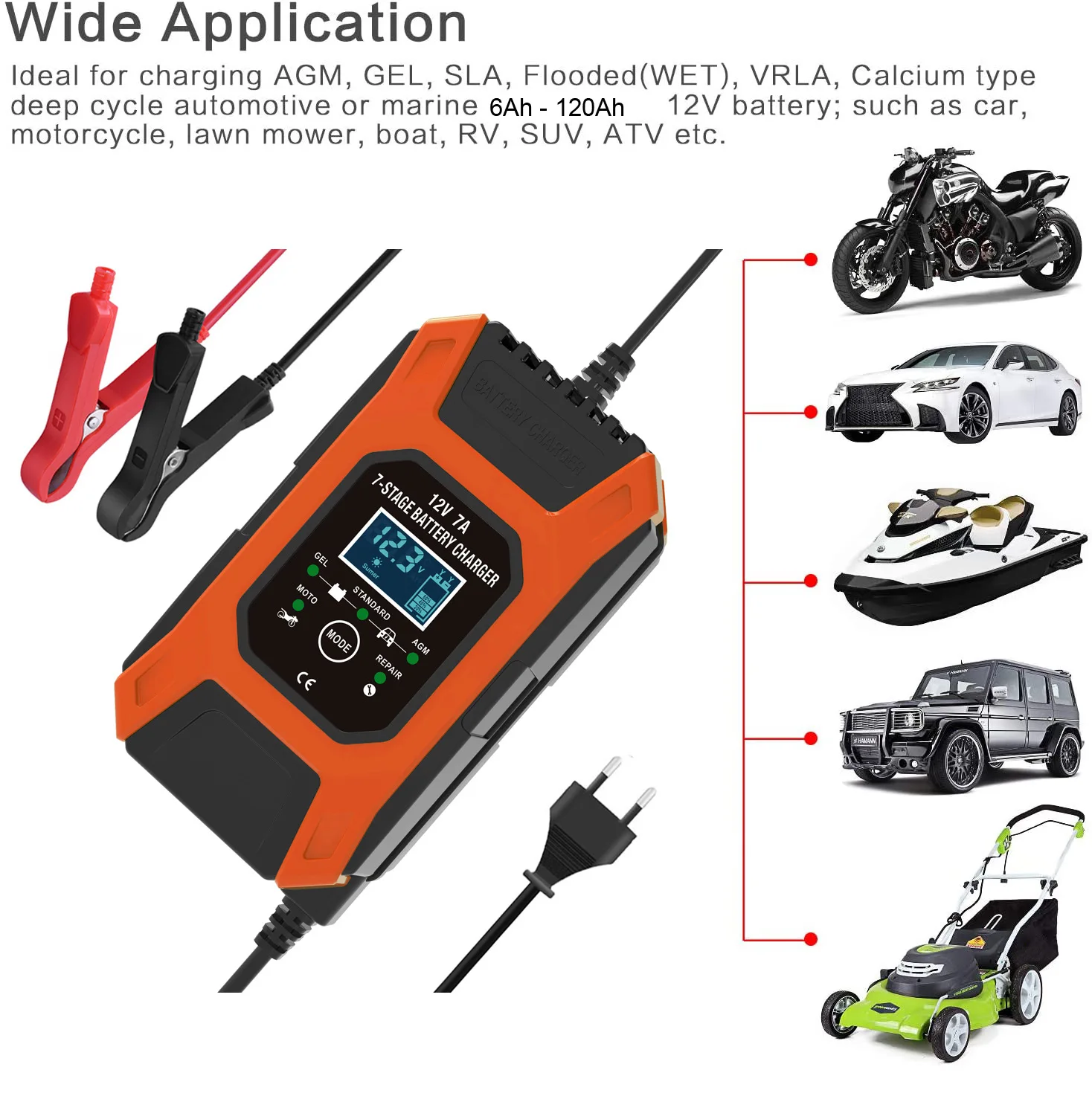 FOXSUR 12V 7A Fully Automatic Smart Charger 7-stage for Calcium Gel AGM Wet Lead Acid Battery Car Motorcycle Repair Charger