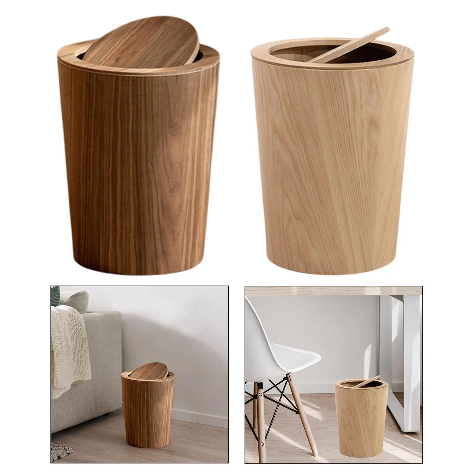 Wood Trash Can with Lid Rustic Wastebasket for Bathroom Household Bedroom