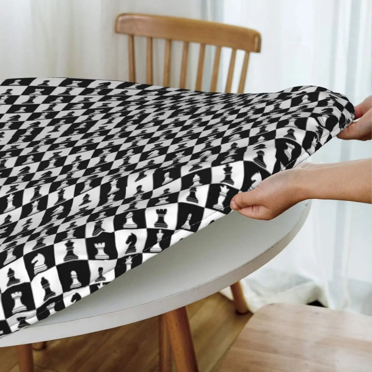 Black And White Chess Board Pattern Waterproof Round Tablecloth Oilproof Table Cloth for Kitchen Events Dining Table Cover