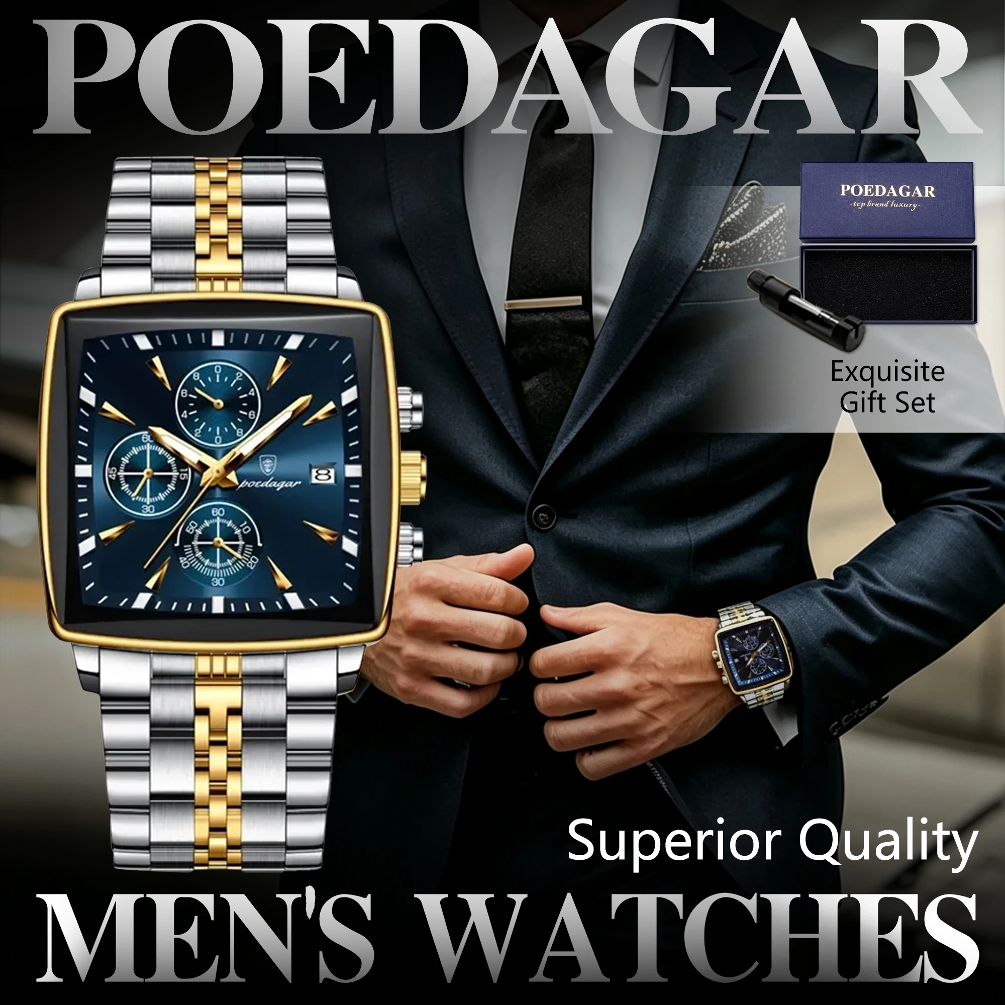 POEDAGAR Top-Mode Herrenuhr Wasserdicht Leuchtend Edelstahl Chronograph Datum Casual Quarz-Armbanduhr für Männer Reloj