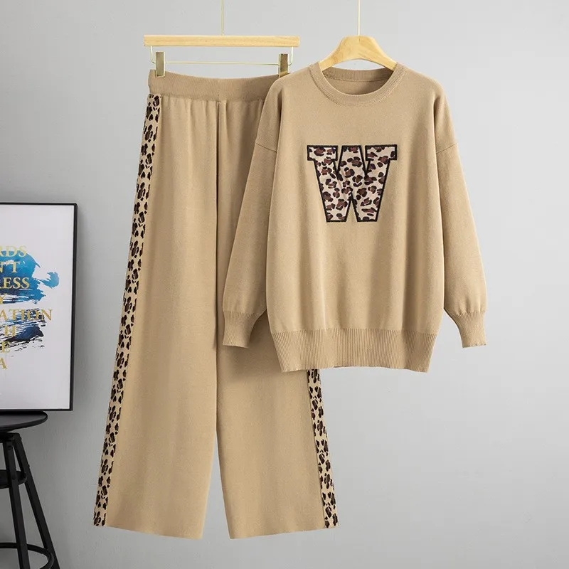 

Женский вязаный повседневный комплект из двух предметов, модный топ с длинными рукавами и леопардовым принтом, широкие брюки, свитер, комплект