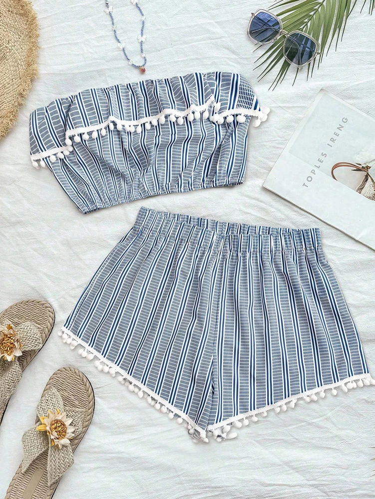 

Plus Size Women's Striped Ruffle Hem Jumpsuit Top and Shorts Set Beach Seaside Holiday Style Vibrant