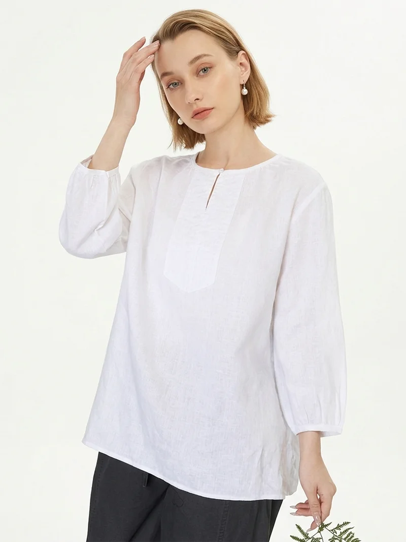 

Linen Peasant Bib Blouse Women Three Quarter Sleeve Shirt Pullover Top Summer