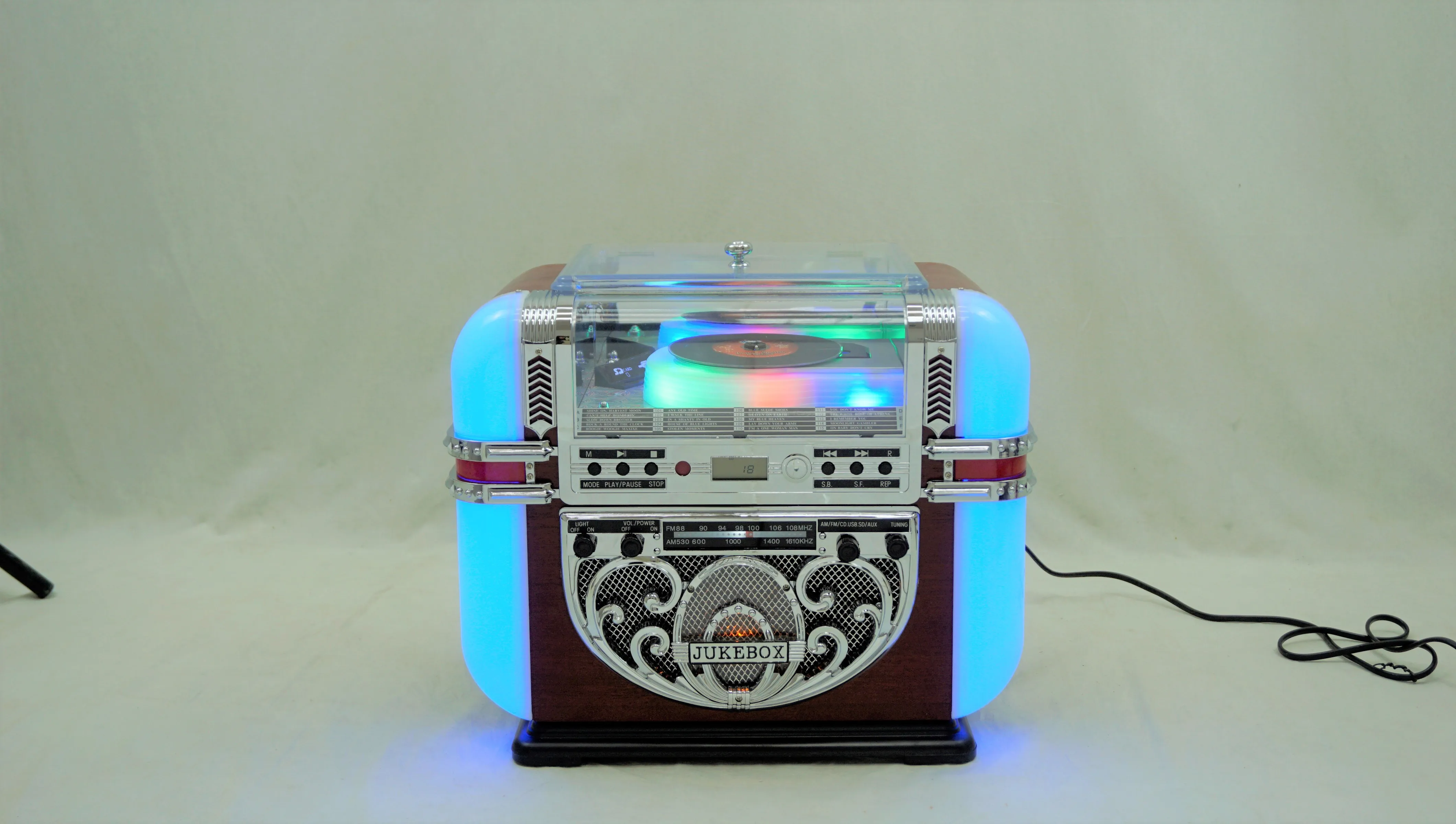 The tabletop jukebox features a rounded rectangular design, allowing for customizable colors and lights