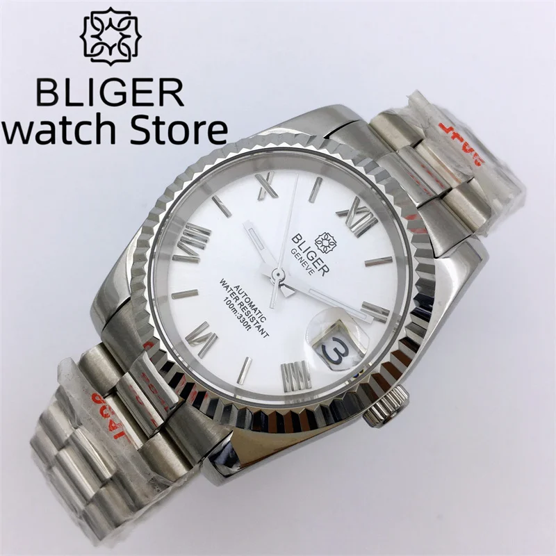 BLIGER NH35A Mechanical Watch for Men Stainless steel Bracelet 36mm/39mm Fluted Bezel Sapphire glass Roman numerals dial