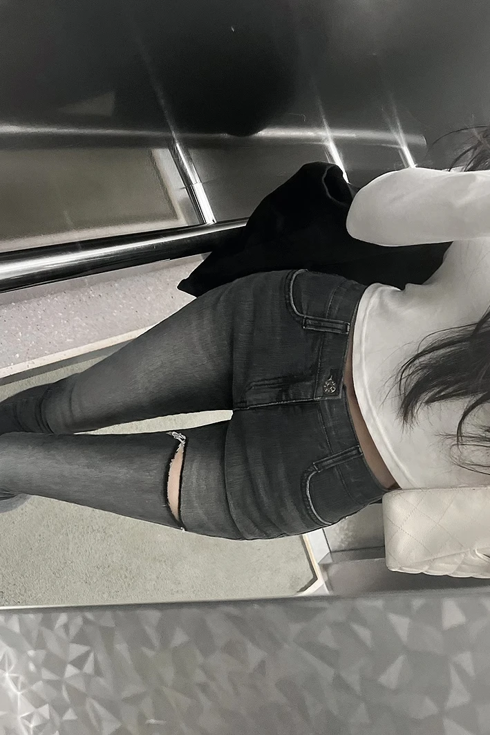 Retro High Waist Skinny Jeans Zipper Design Distressed Pencil Split Denim Pants Korean Style Spring Summer Ladies Jeans