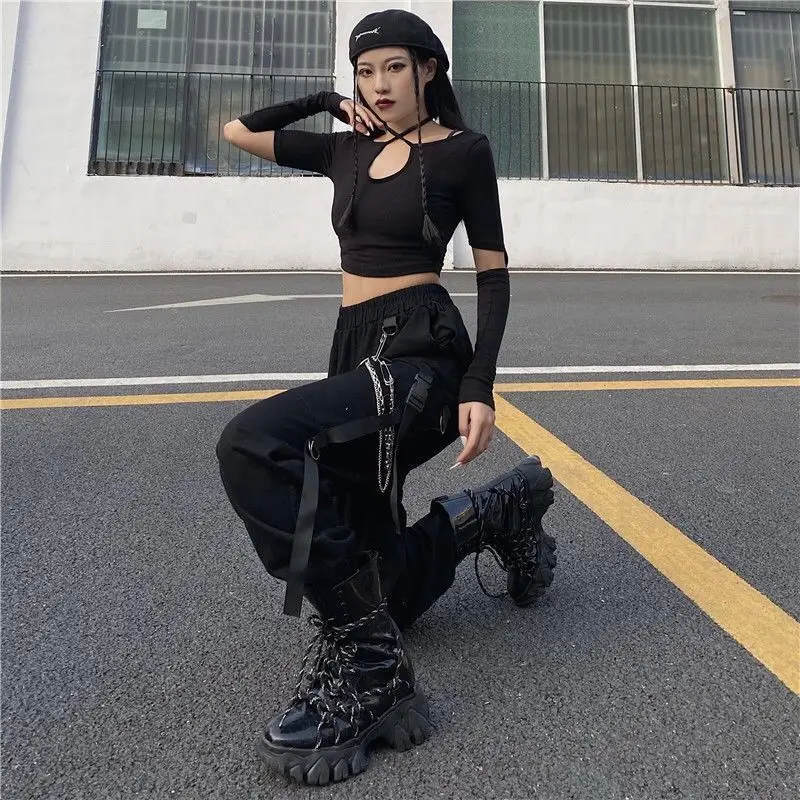 Frauen Gothic Harajuku Schwarz Kette Cargo Hosen Frauen Streetwear Koreanische Stil Oversize Harem Hosen Goth Punk Weibliche Hose