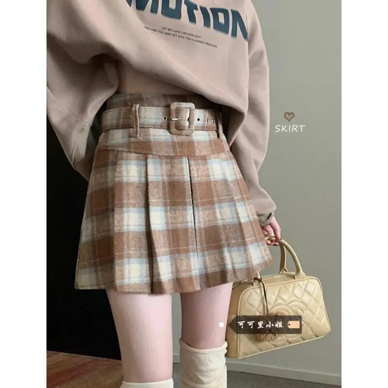 

Kawaii Girl Fashion Tops Сексуальная юбка-миди в клетку Шерстяная юбка Женская осенняя юбка с высокой талией Тонкая плиссированная мини-юбка трапециевидной формы для