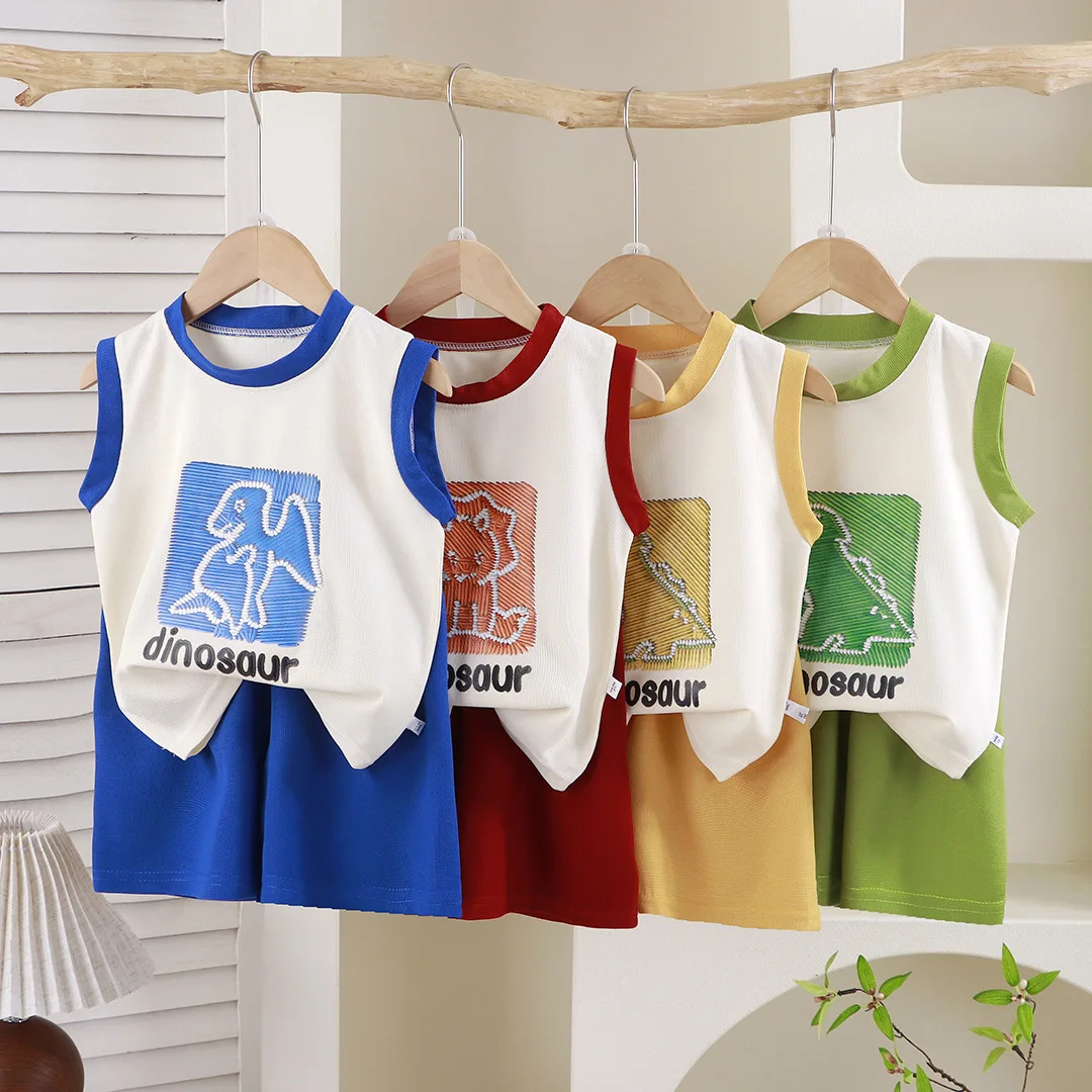 2026 New Summer Kids Boys Set Sleeveless Dinosaur Mesh Tank Top Shorts 1-7Y Children Cool Tracksuit Girls Playwear Outfits