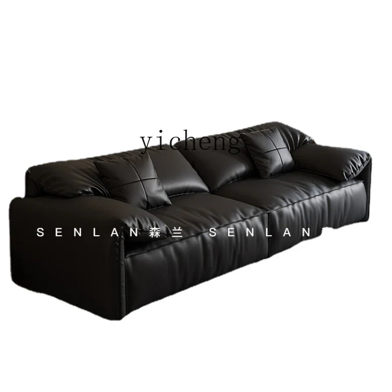 ZC Minimalistic Modern Elephant Ears down Leather Sofa First Layer Cowhide Living Room Small Apartment Straight Black