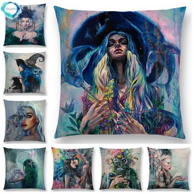 

Gorgeous Oil Painting Cushion Cover Miracle Girl Wonder Beauty Magic Witch Beautiful Queen Narwhal Cat Swan Sofa Pillow Case