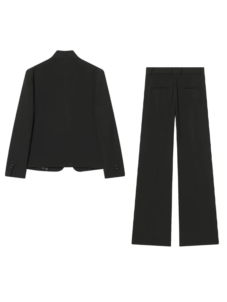 HH Women High-Necked Long-Sleeved Spring Button Decoration Suit Jacket+Loose Pocket Solid High-waisted Straight Leg Pants