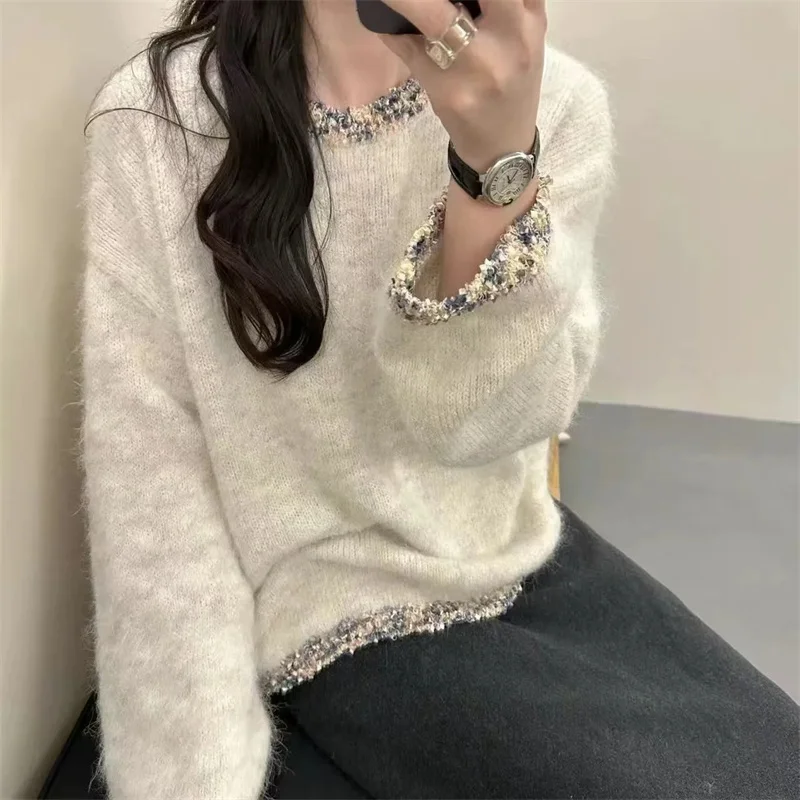 

Korean Women Long Sleeves Knitted Spring Autumn Femme Embroidery Patchwork Knitwear Top Lady Fashion Round Neck Pullover Sweater